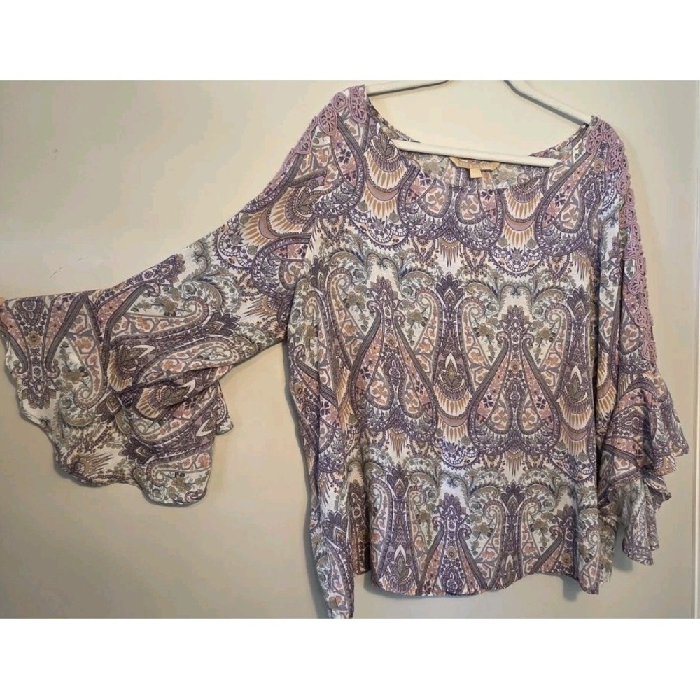 Hope & Harlow Womens 2X Top Boho Peasant Lavender Paisley Crochet Bell Sleeves